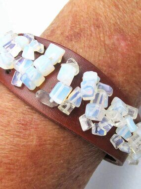 White Glass Ice Cube BEADS on Brown Leather LARGE Unisex Cuff Bracelet